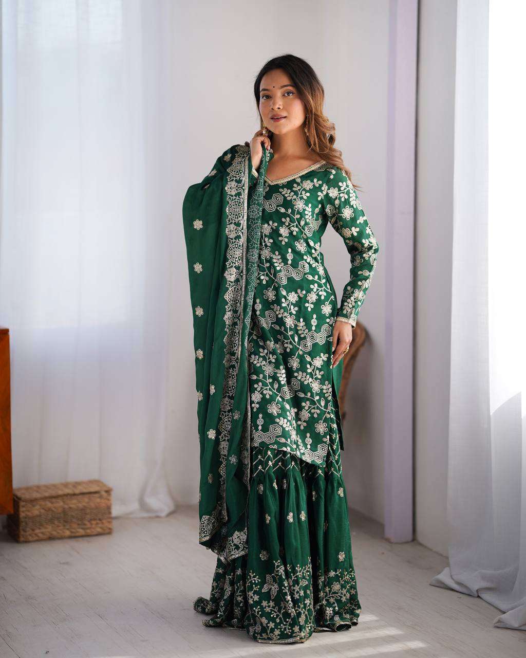 Women's Chinon Silk Embroidery Sequence Work Straight Kurti With Sharara Suit and Dupatta Set - Image 4