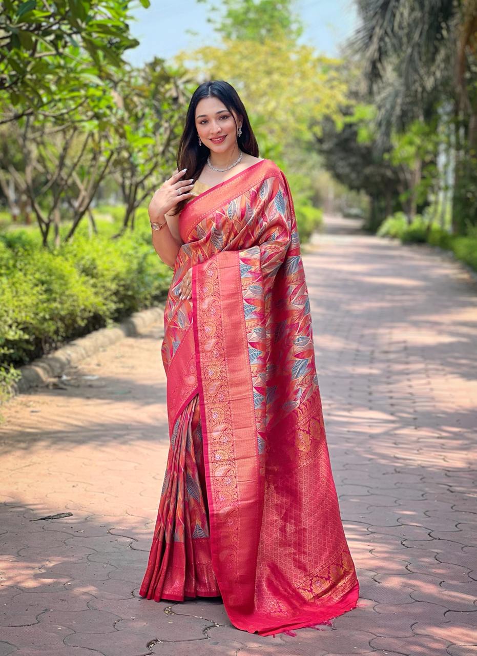 Women's Luxurious Pista Green & Pink Art Silk Saree with Intricate Leaf Weave & Broad Zari Border β Ideal for Festive & Wedding Occasions